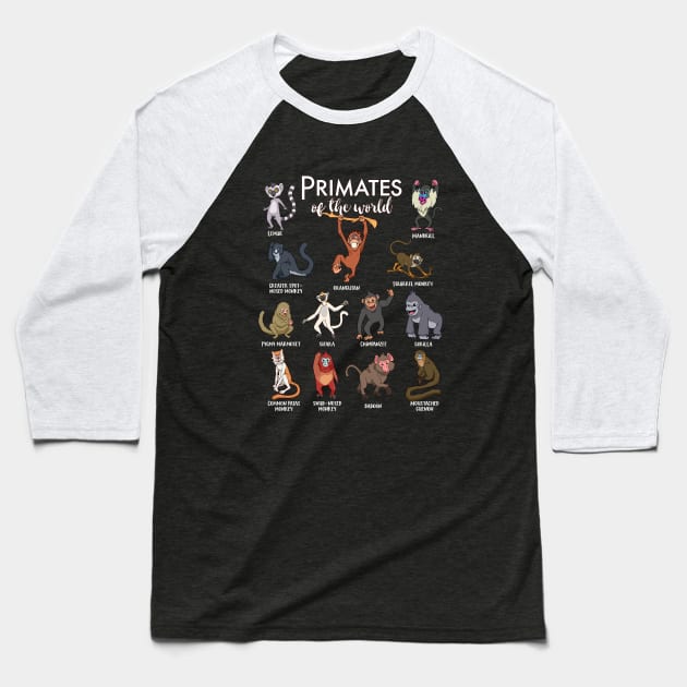 Many species of monkeys - types of primates Baseball T-Shirt by Modern Medieval Design